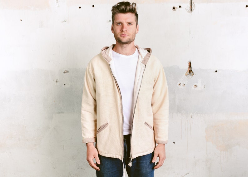 size Medium M Beige Hippie Hoodie Men/'s Hooded Sweater Vintage Sweater Zip Up Hoodie Spring Jacket Vintage Men Hoodie Jacket
