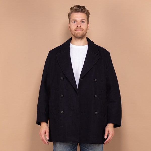 Caban en laine pour homme, manteau en laine classique des années 80, taille L, manteau en laine croisé, vêtements vintage, manteau pour homme en laine bleu marine, vêtements pour hommes, manteau L