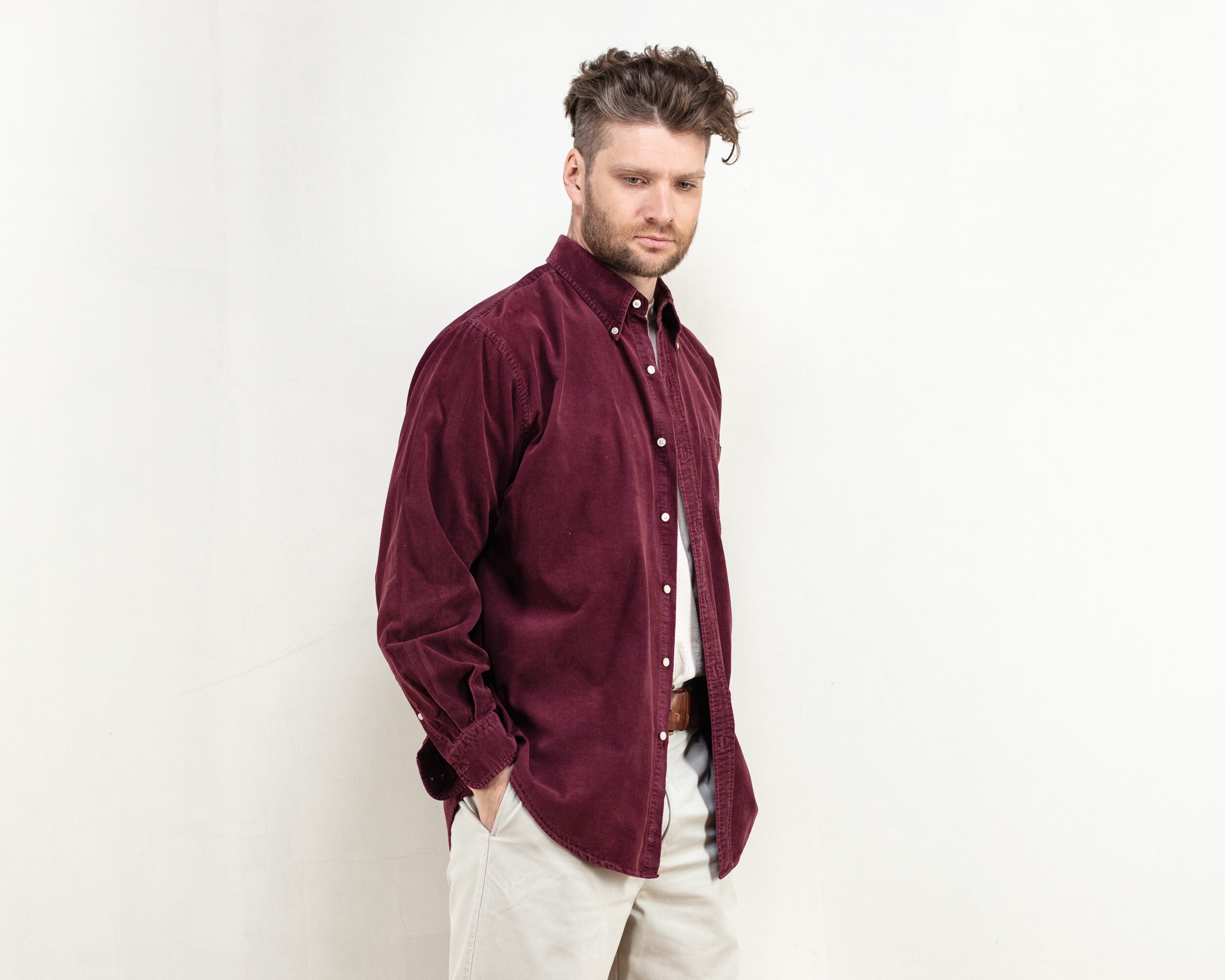 Men Corduroy Shirt vintage 90s burgundy 