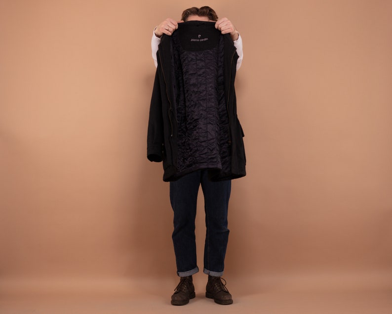 Men Wool Blend Parka Jacket 90's, Size L Large, Vintage Insulated Wool Zip Up Coat, Dark Gray Casual Coat, Outerwear, Men Oversized Coat image 4