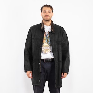 1990s Vintage Black Sheepskin Coat, Men&#39;s Size XL Sheepskin Coat, Men Shearling Coat, Retro Black Leather Coat, Mens Clothing, Western Style