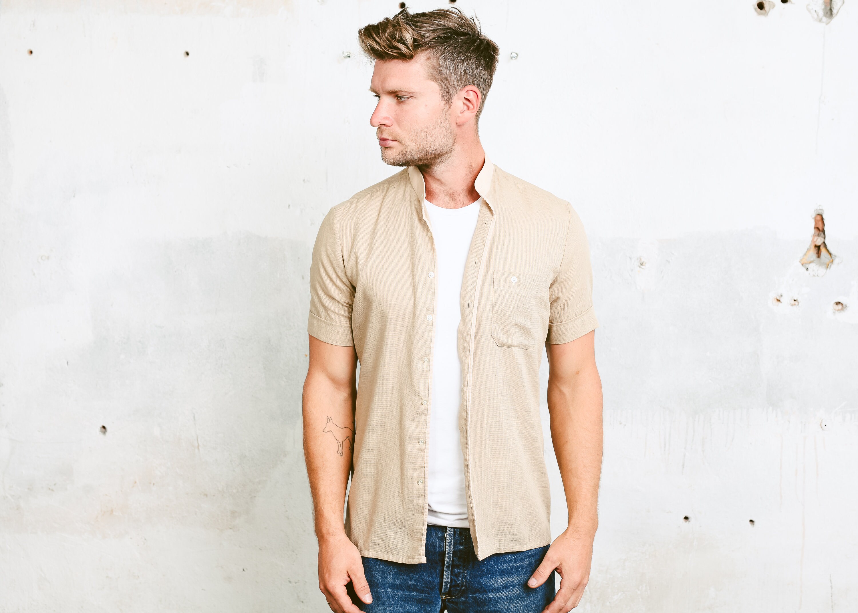 collarless button down mens shirt