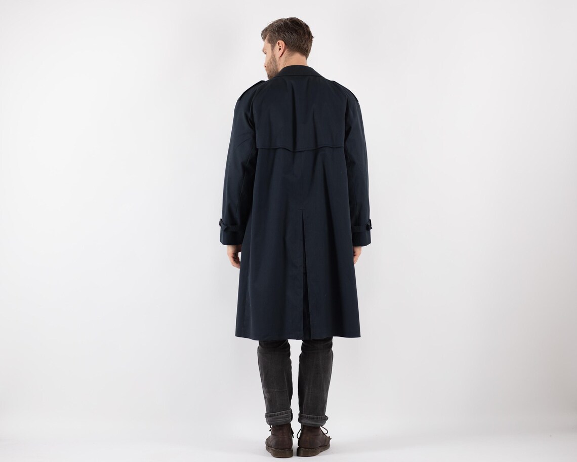70s Vintage Navy Blue Cotton Blend Trench Coat, Men's Size L, foto 3 di 5