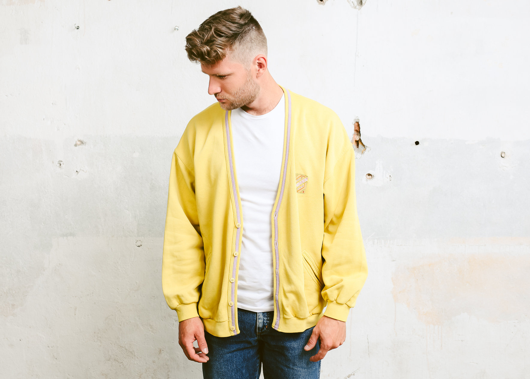 Men Cardigan Sweater . Vintage 80s Jacket Yellow Cotton Sweatshirt
