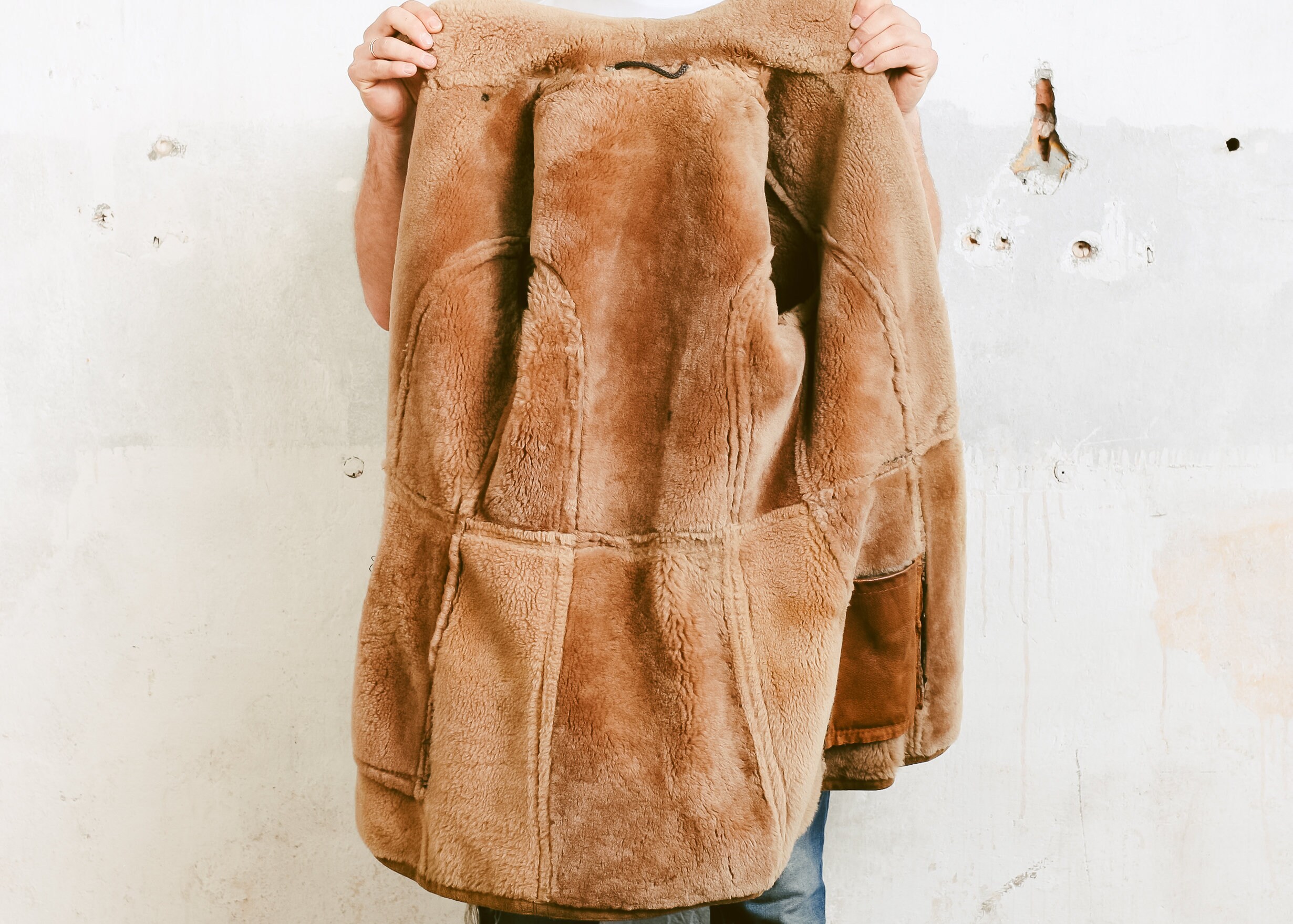 Suede Shearling Coat . Mens Vintage 70s Sherpa Jacket Coat Winter SUEDE Leather Brown Jacket