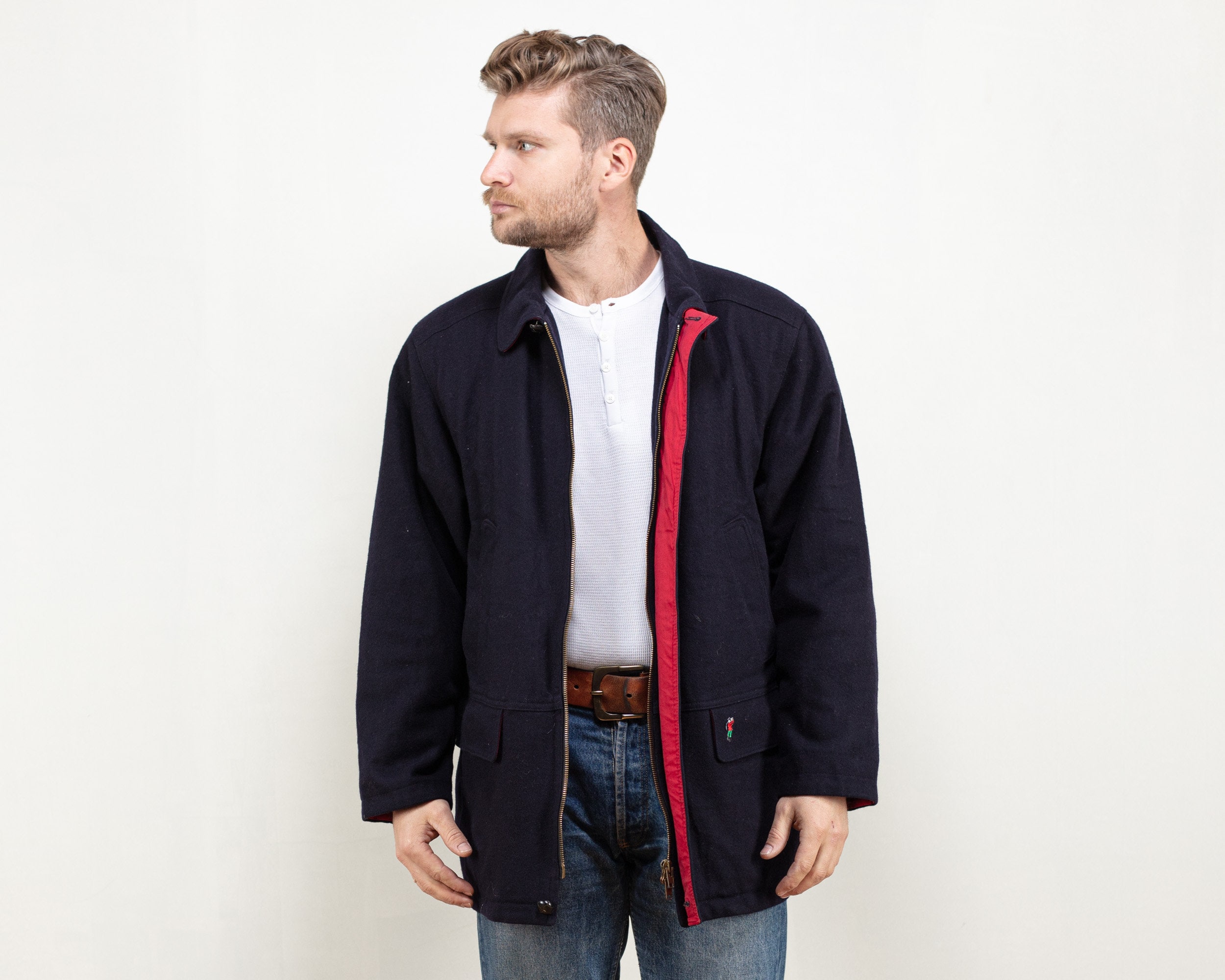 Navy Blue Wool Short Coat men vintage 90s casual overcoat office short coat mac coat trench coat