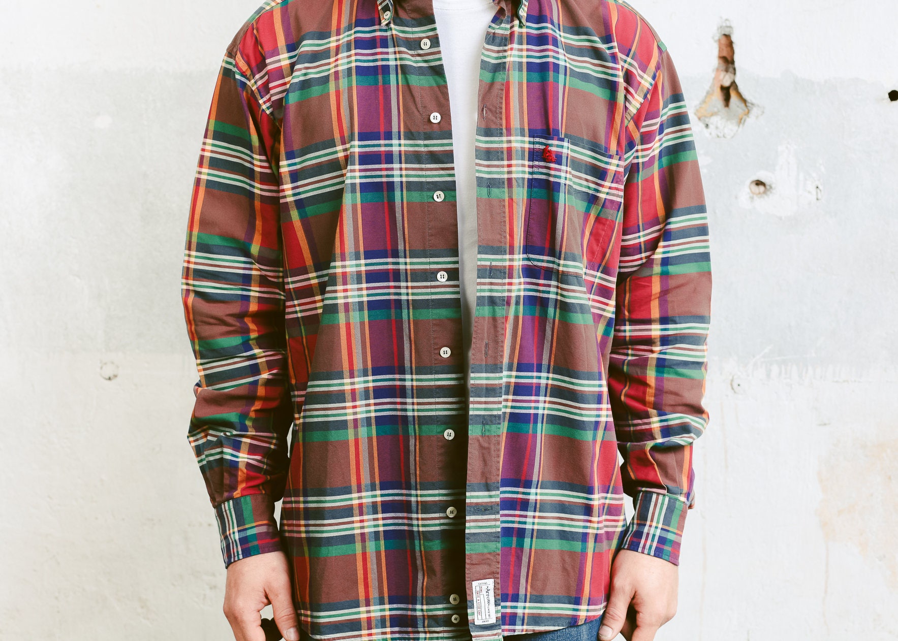 Men Plaid Shirt . Vintage Shirt 90s Grunge Shirt Green Red