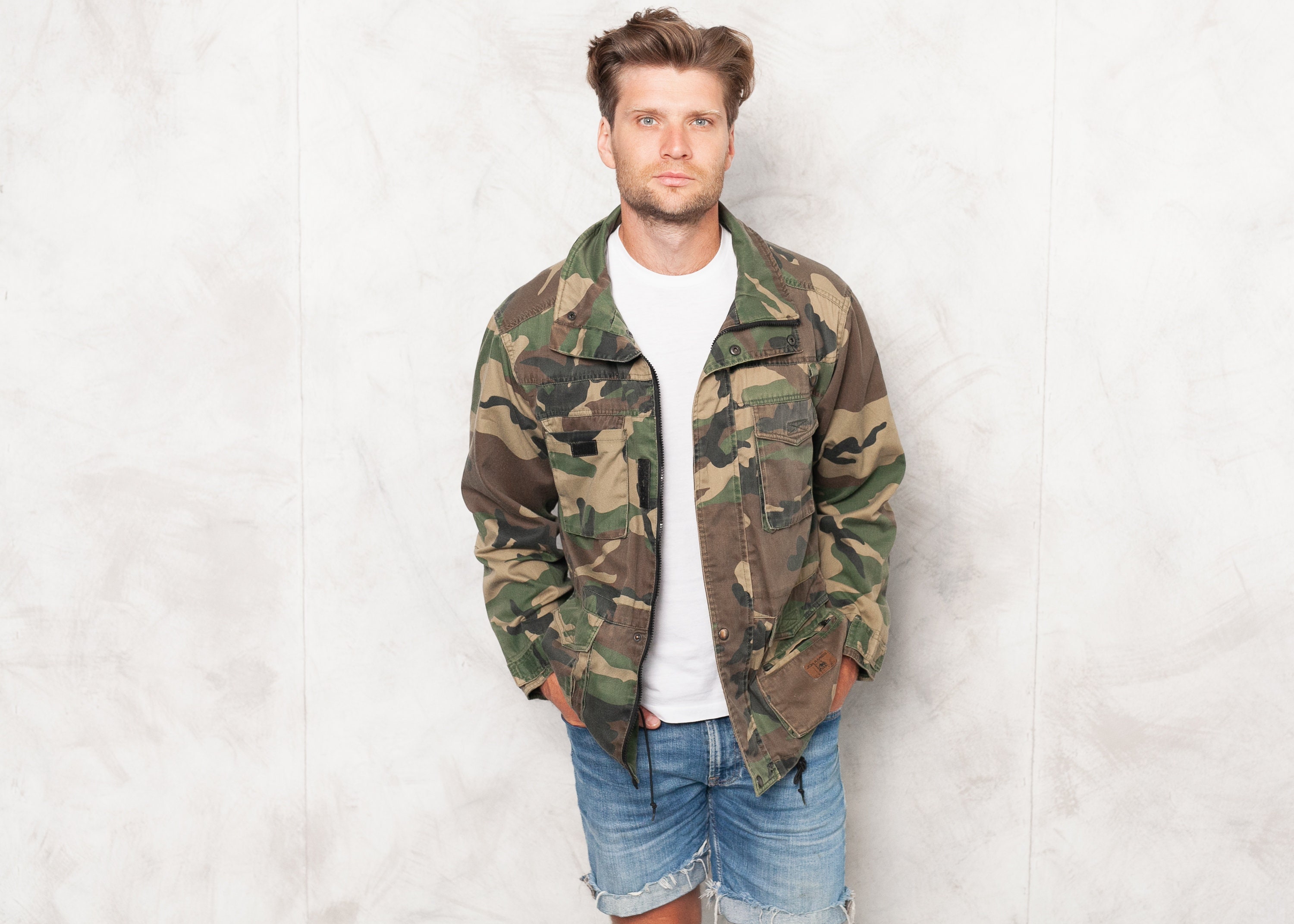Men's Biker Classic Military Camouflage Leather Jacket