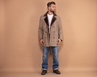 Vintage Long Coat Men 70s, Size Large L, Shearling Winter Coat, Boho Outerwear, Warm Sheepskin Overcoat, Sustainable Fashion, BetaMenswear