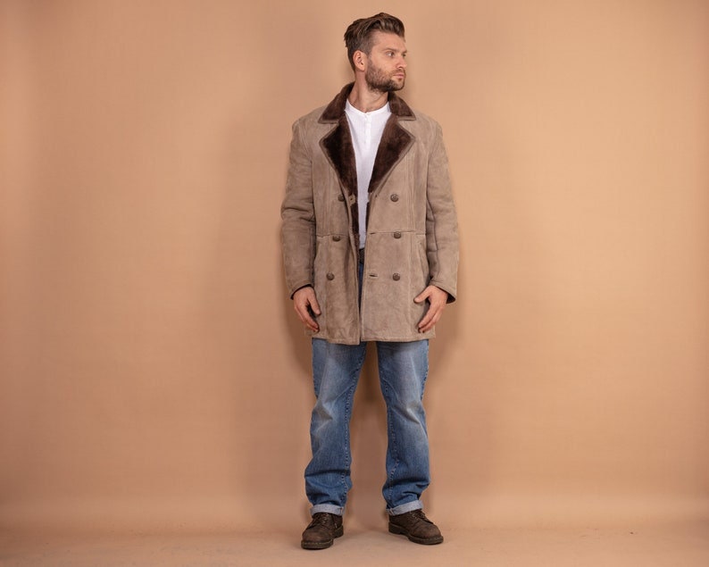 Vintage Long Coat Men 70s, Size Large L, Shearling Winter Coat, Boho Outerwear, Warm Sheepskin Overcoat, Sustainable Fashion, BetaMenswear image 1