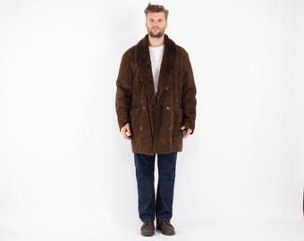 70s Brown Oversized Shearling Coat, Vintage Sheepskin Leather, Men's Size L