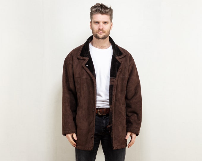 Faux Suede Coat Men 80's brown coat faux suede sherpa faux shearling overcoat western style coat vintage men clothing size large L