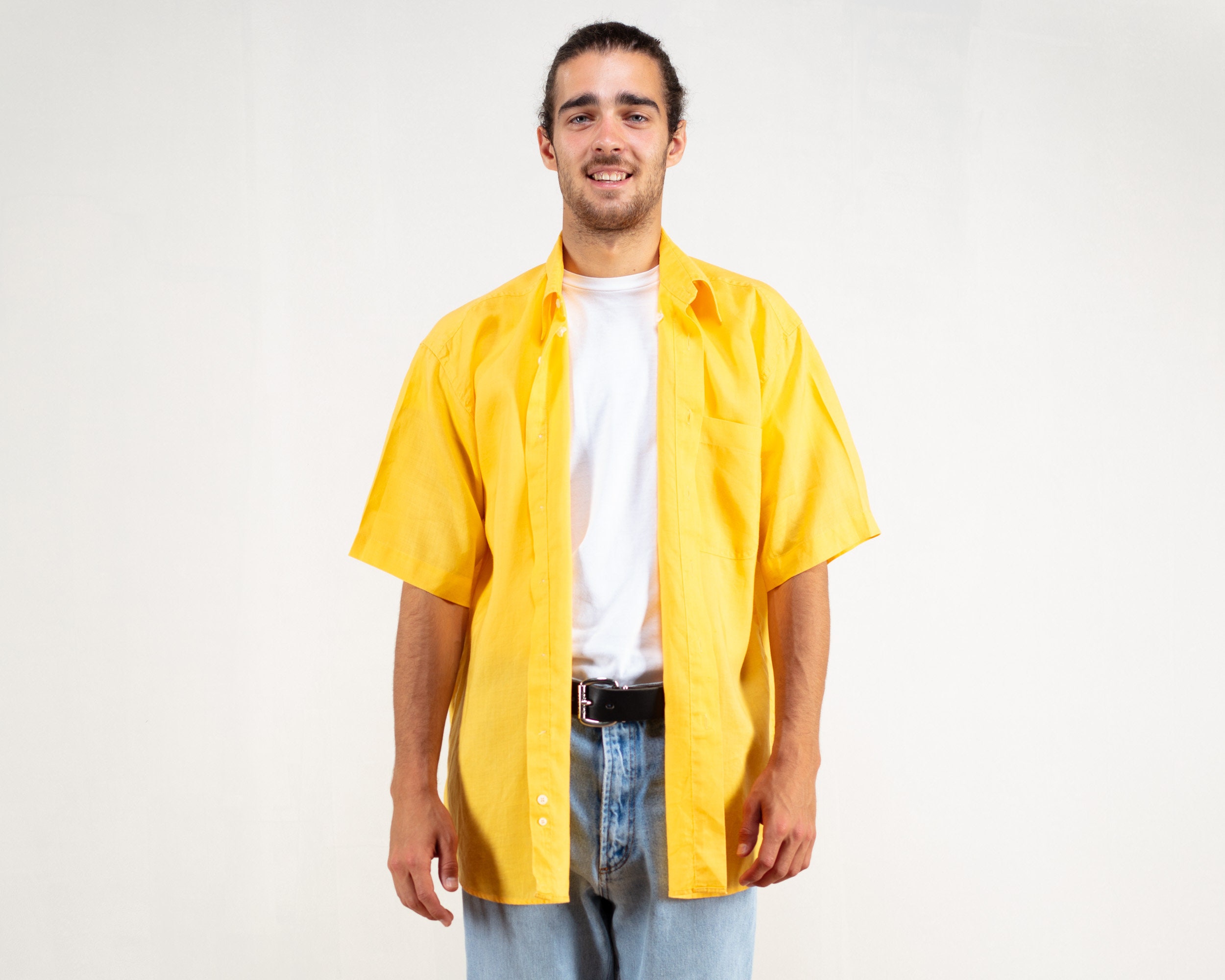Yellow Linen Shirt flax vintage 90's bold casual shirt minimalist shirt ...