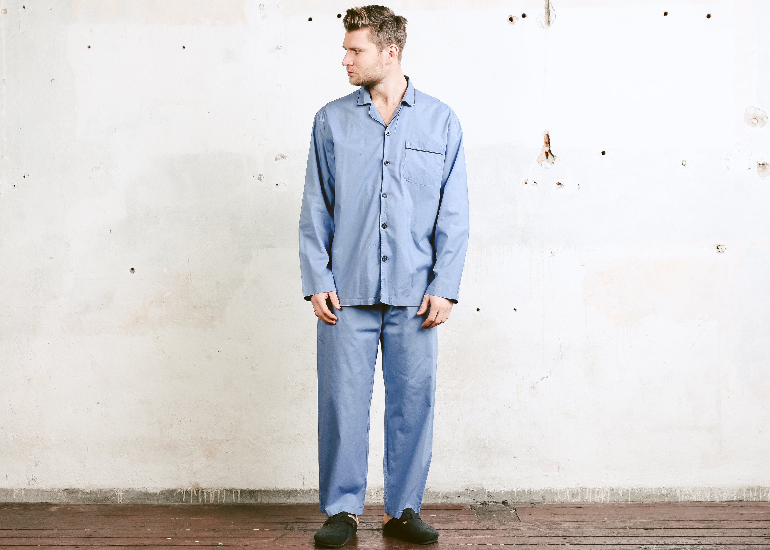 Vintage 90s Men Pajama Set . Blue Cotton Shirt Pants Minimalist Pajama Jacket Top Pyjama PJs Men