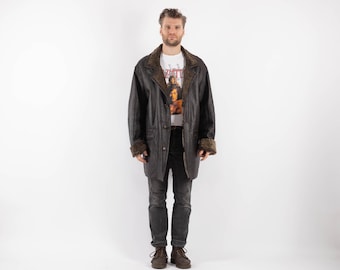 Cappotto in montone marrone anni '90, in pelle vintage con fodera in montone, taglia uomo L/XL