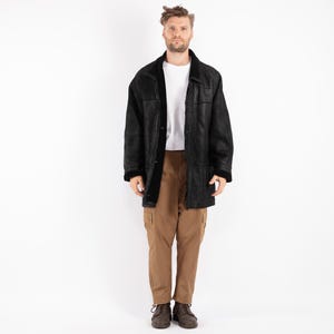 90&#39;s Black Sheepskin Coat, Men Size L/XL Sheepskin Coat, Men Shearling Coat, Retro Leather Coat, Black Coat, Mens Clothing, BetaMenswear
