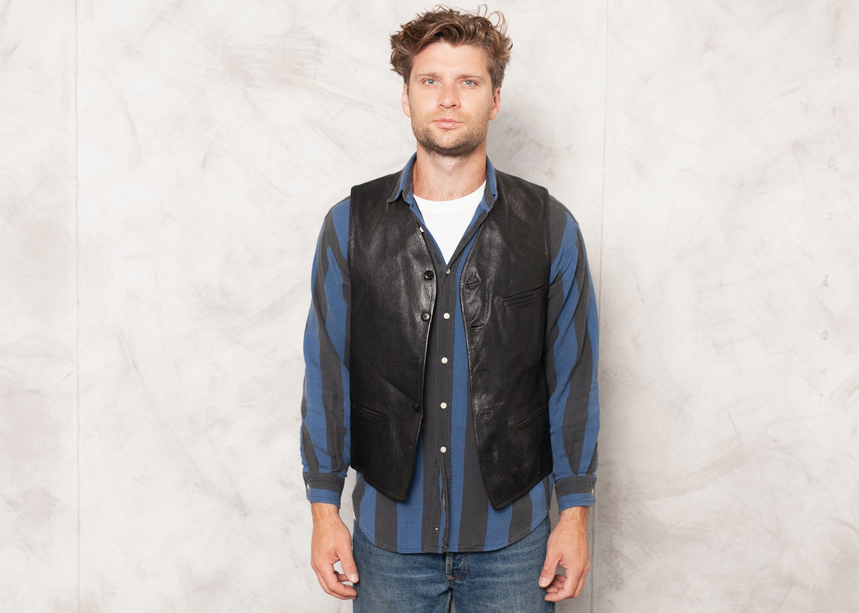 70s Black Leather Vest Vintage 1970s Men Waistcoat Men Vest 
