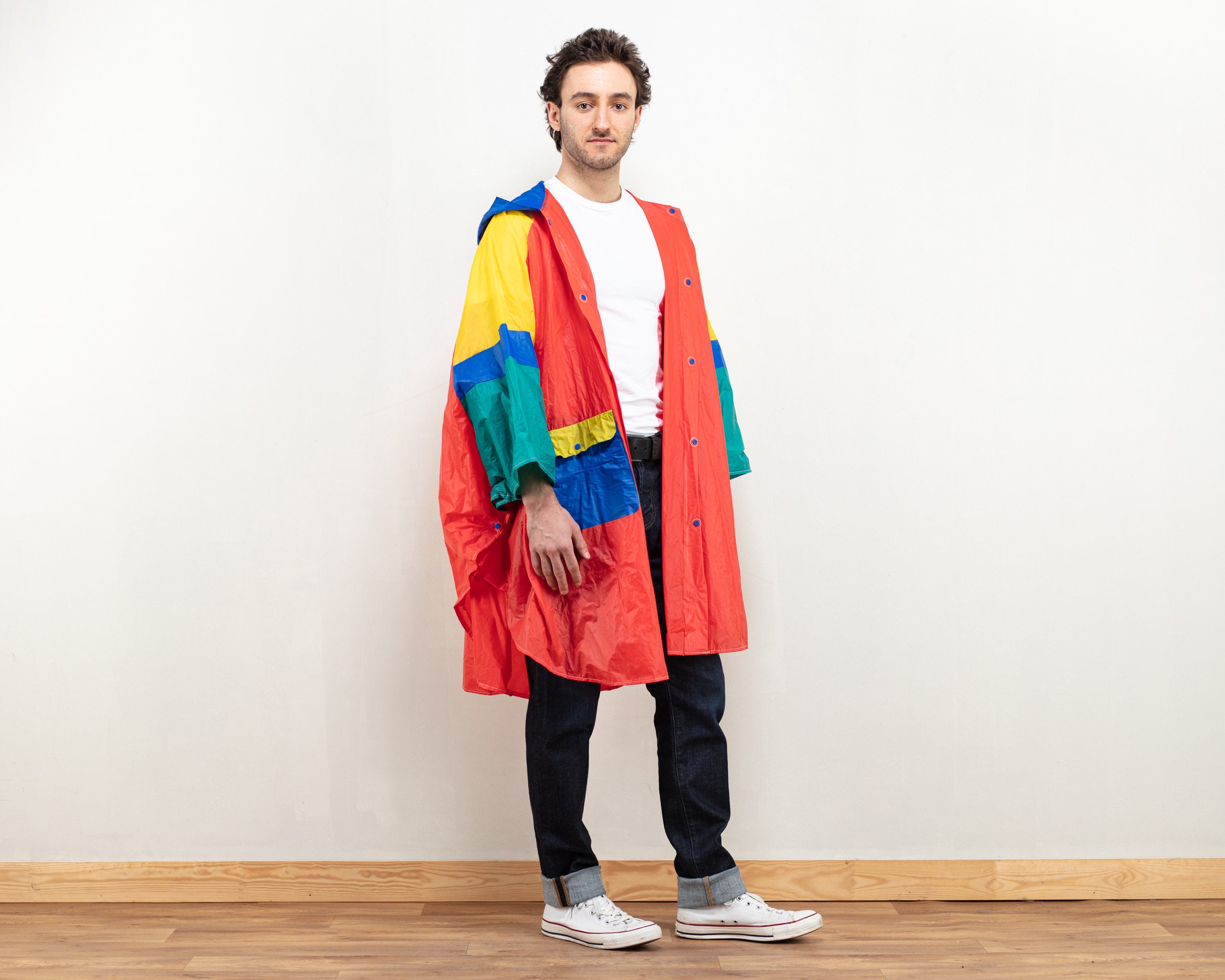 Men Rain Poncho 80s vintage PVC coat rain jacket hooded rain coat men