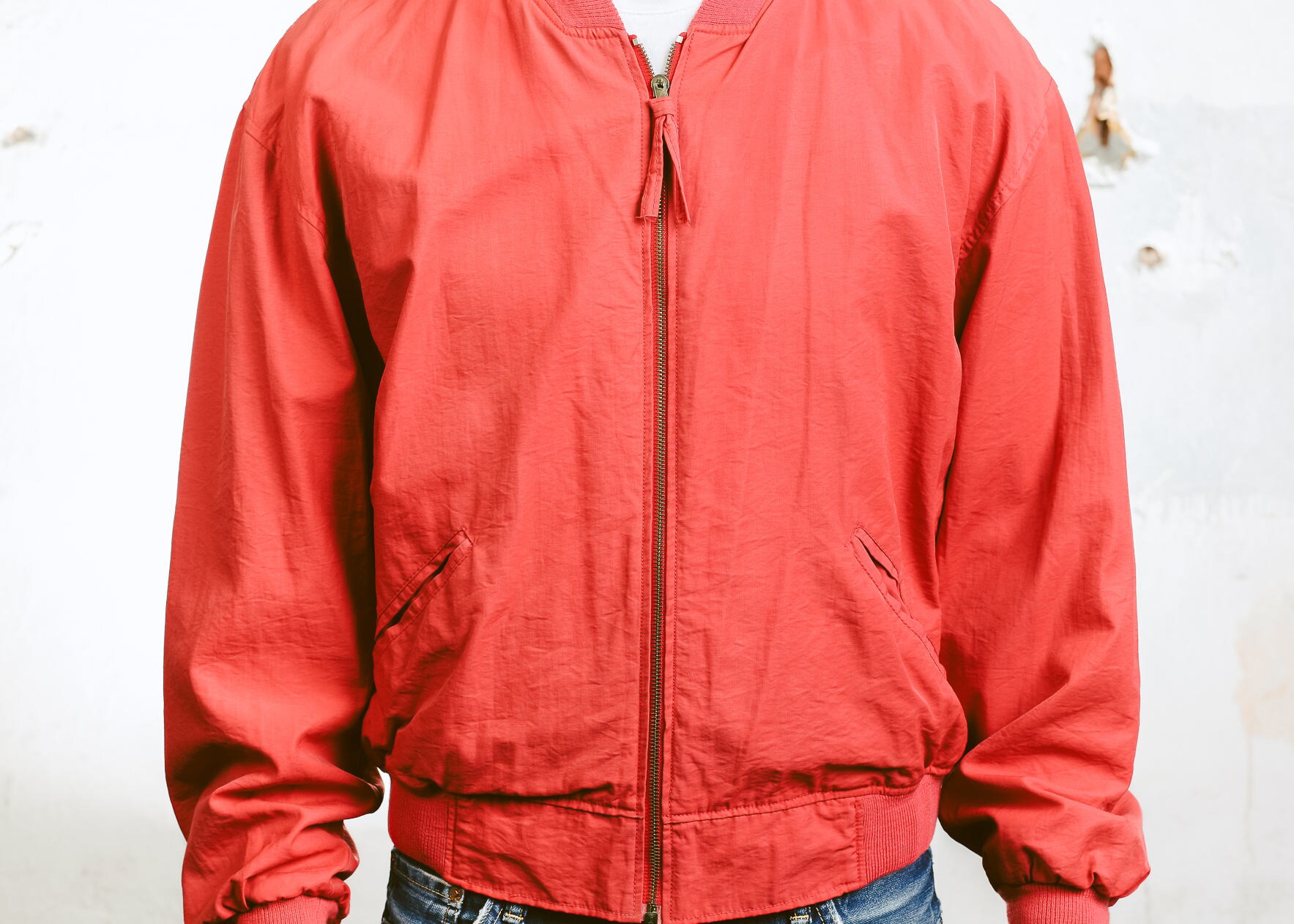 Men's BOMBER Jacket . Vintage 90s Red Aviator Flight Jacket Lightweight Coat 90s Grunge