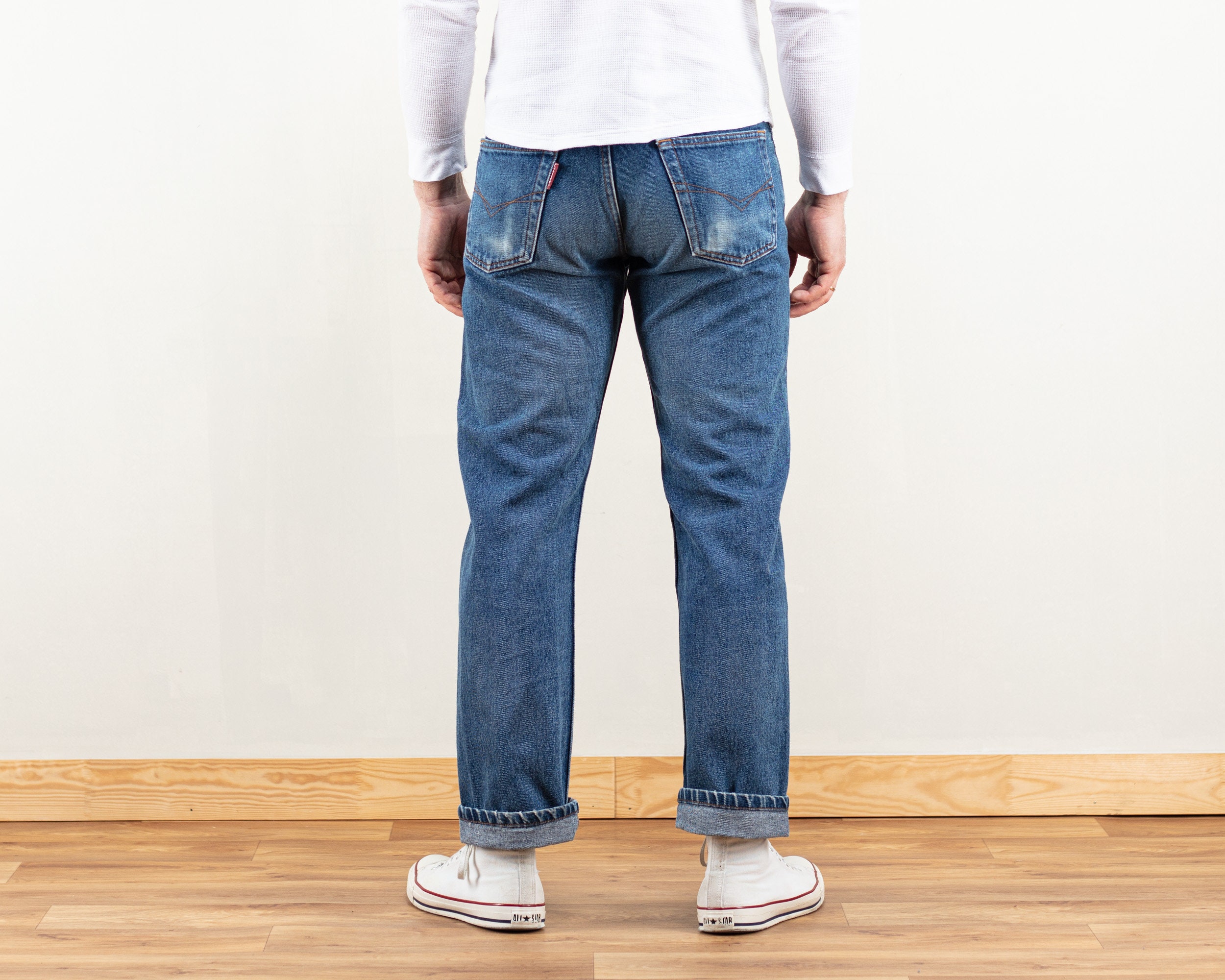 Vintage Men Jeans Men Wide Leg Medium Wash Jeans Zip Fly Red