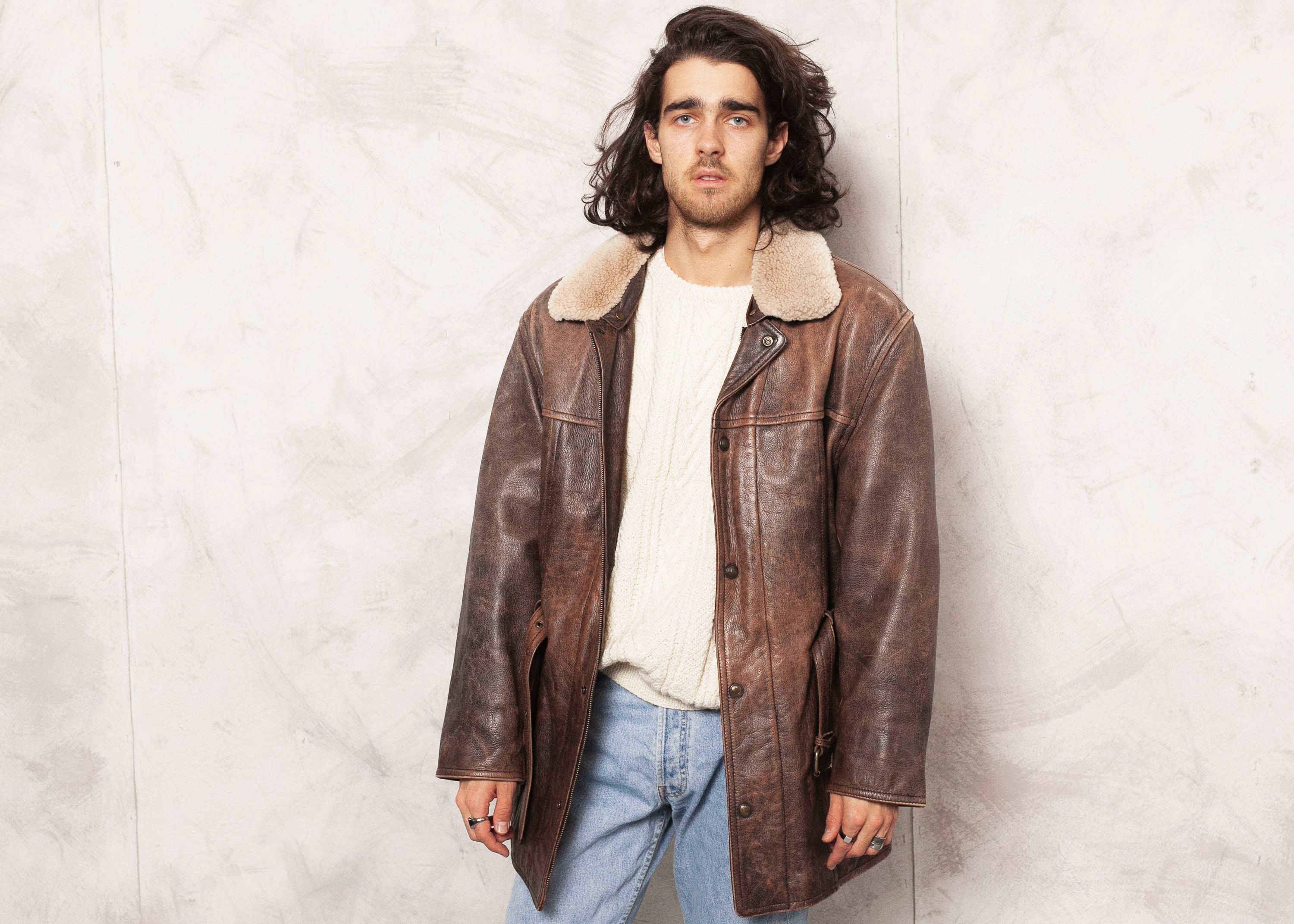 Brown Leather Coat Men 90's Vintage Men's 1990s Long Jacket Leather ...