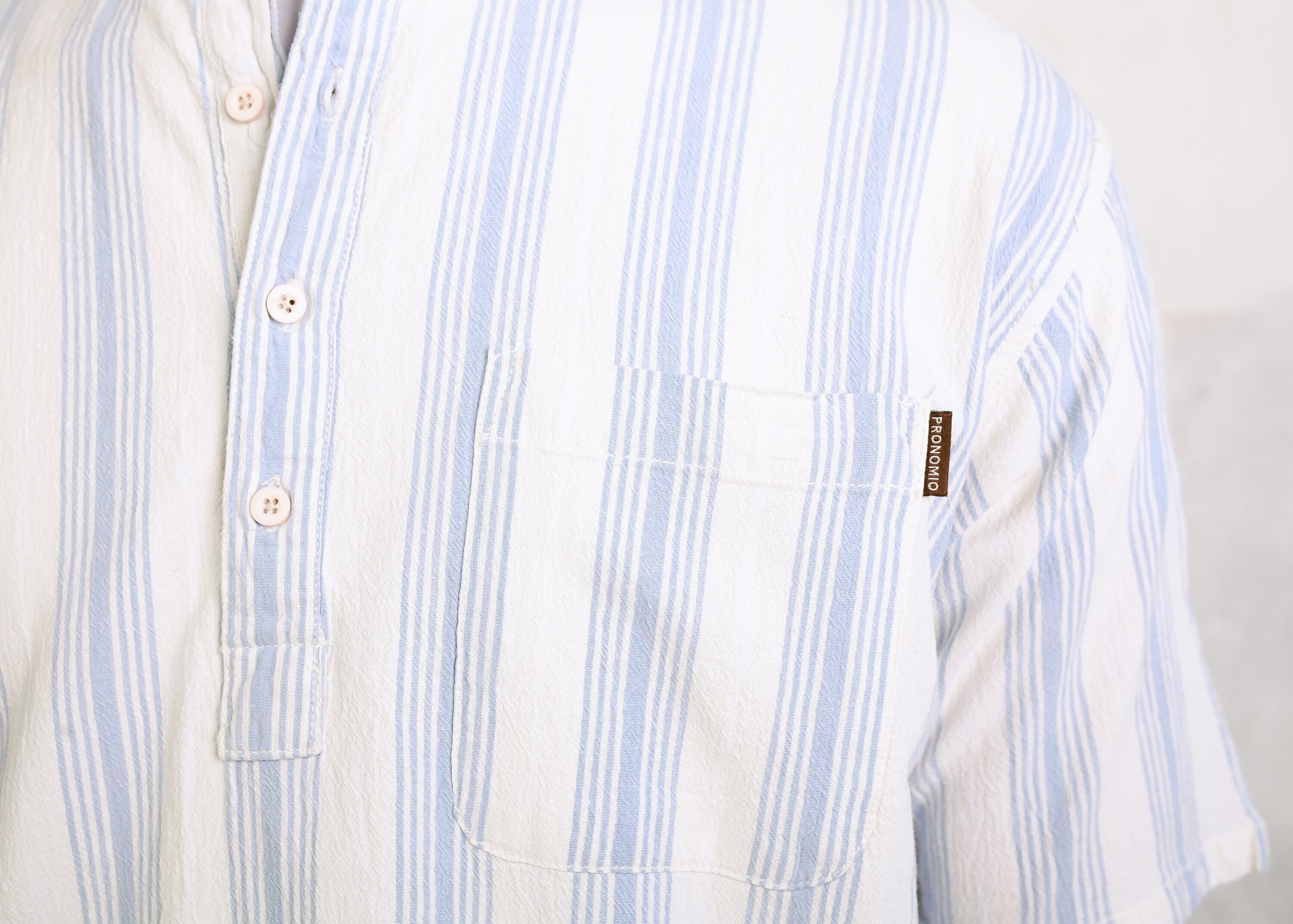 Striped 80s Collarless Shirt . Vintage Men Shirt Band Collar Button ...