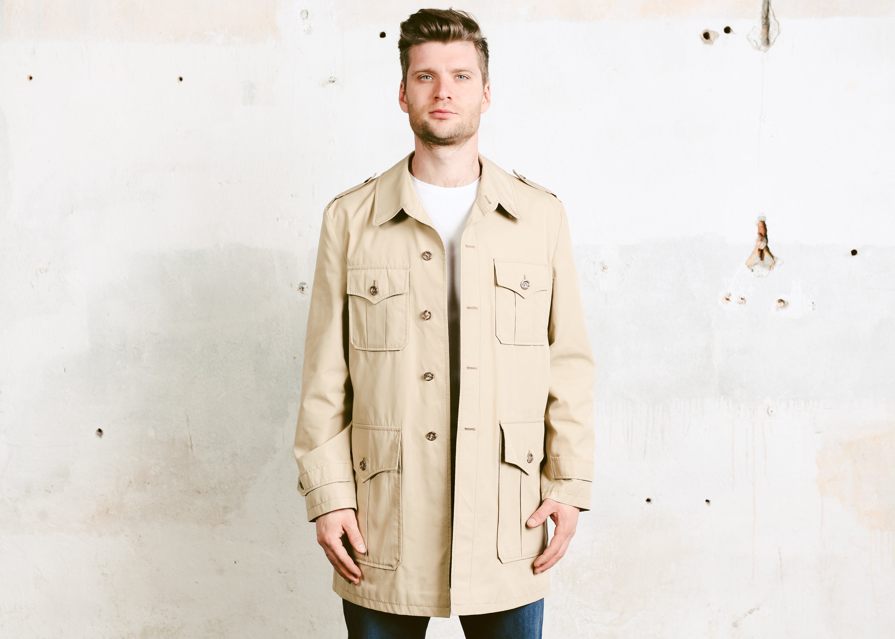 Brown 70s Spring Coat . Men's Beige Spring Jacket Mod Jacket Field ...