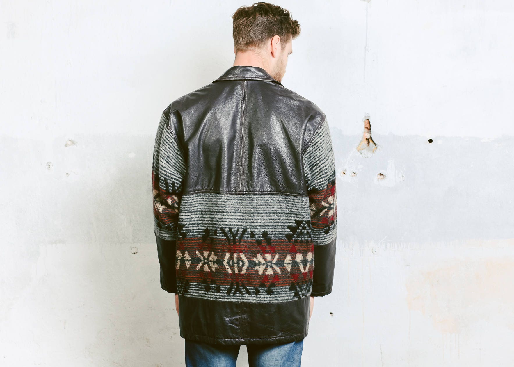 Men Aztec Fleece Coat . Southwestern Wool Jacket Dark Winter Outerwear ...