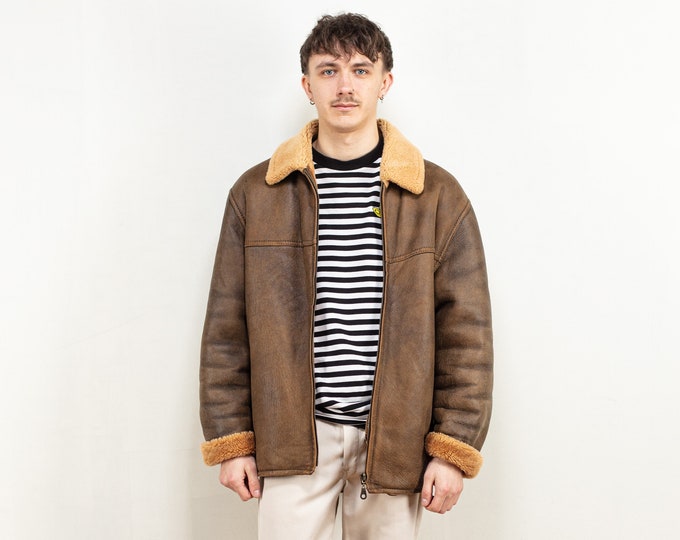 Sheepskin Aviator Jacket 80's vintage sheepskin leather black shearling western bomber flight style jacket vintage men clothing size large L