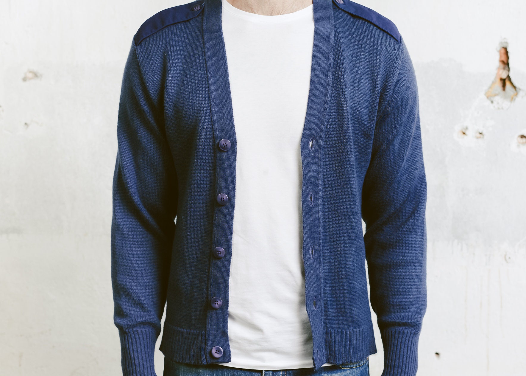 Mens Military Cardigan . Vintage 90s Army Sweater Knit Blue Sweater