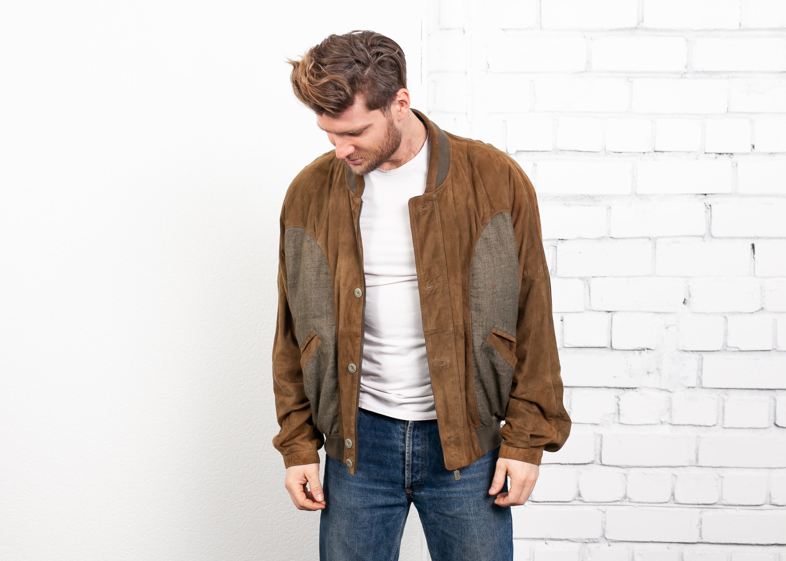 Linen and Goat Suede Bomber Jacket . 80s Men Suede Jacket Rockabilly ...