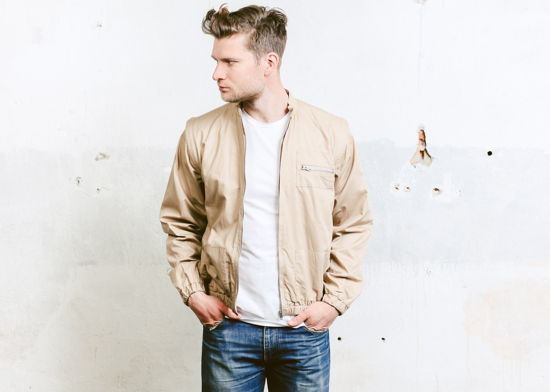 Men's Cotton Bomber Jacket . Beige Vintage Spring Jacket 80s Jacket