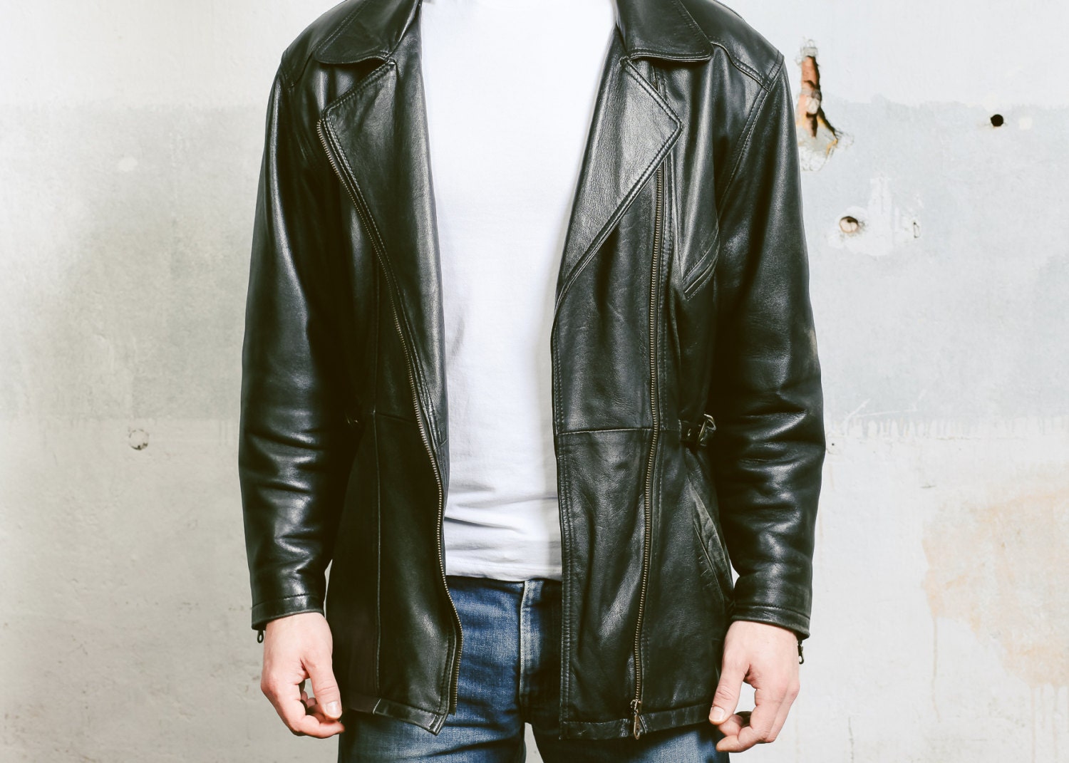 BIKER Leather Jacket . Black Moto Jacket Men's Vintage 80s Insulated ...