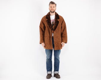 70s Vintage Brown Sheepskin Shearling Overcoat, Men's Size L