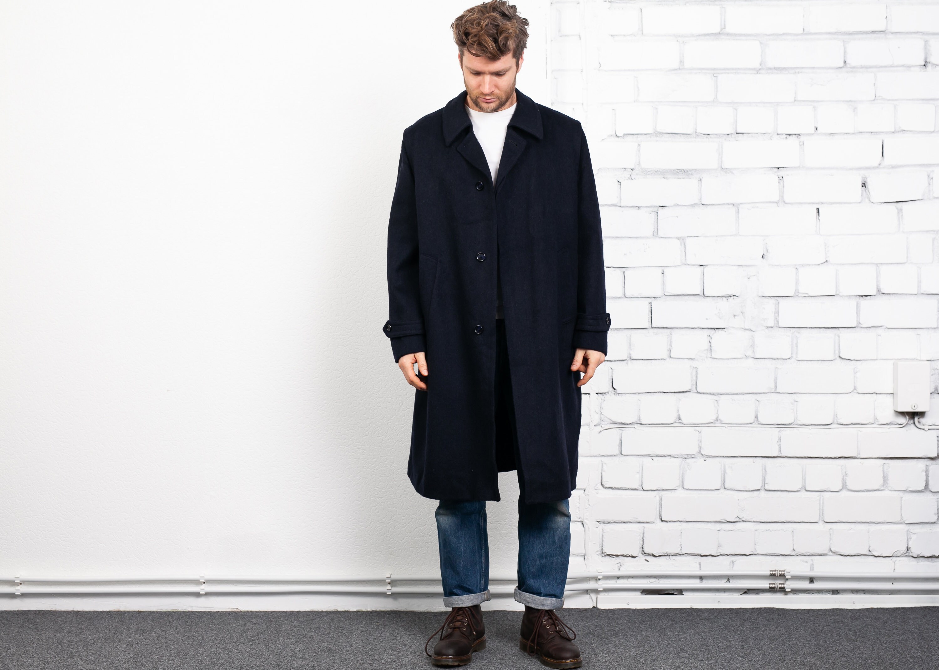 Navy Blue Loden Wool Coat . Vintage Men's 70s Winter Coat Long Coat ...