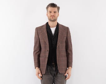 70s Vintage Brown Wool Blazer, Retro Plaid Sport Coat, Men's Size S