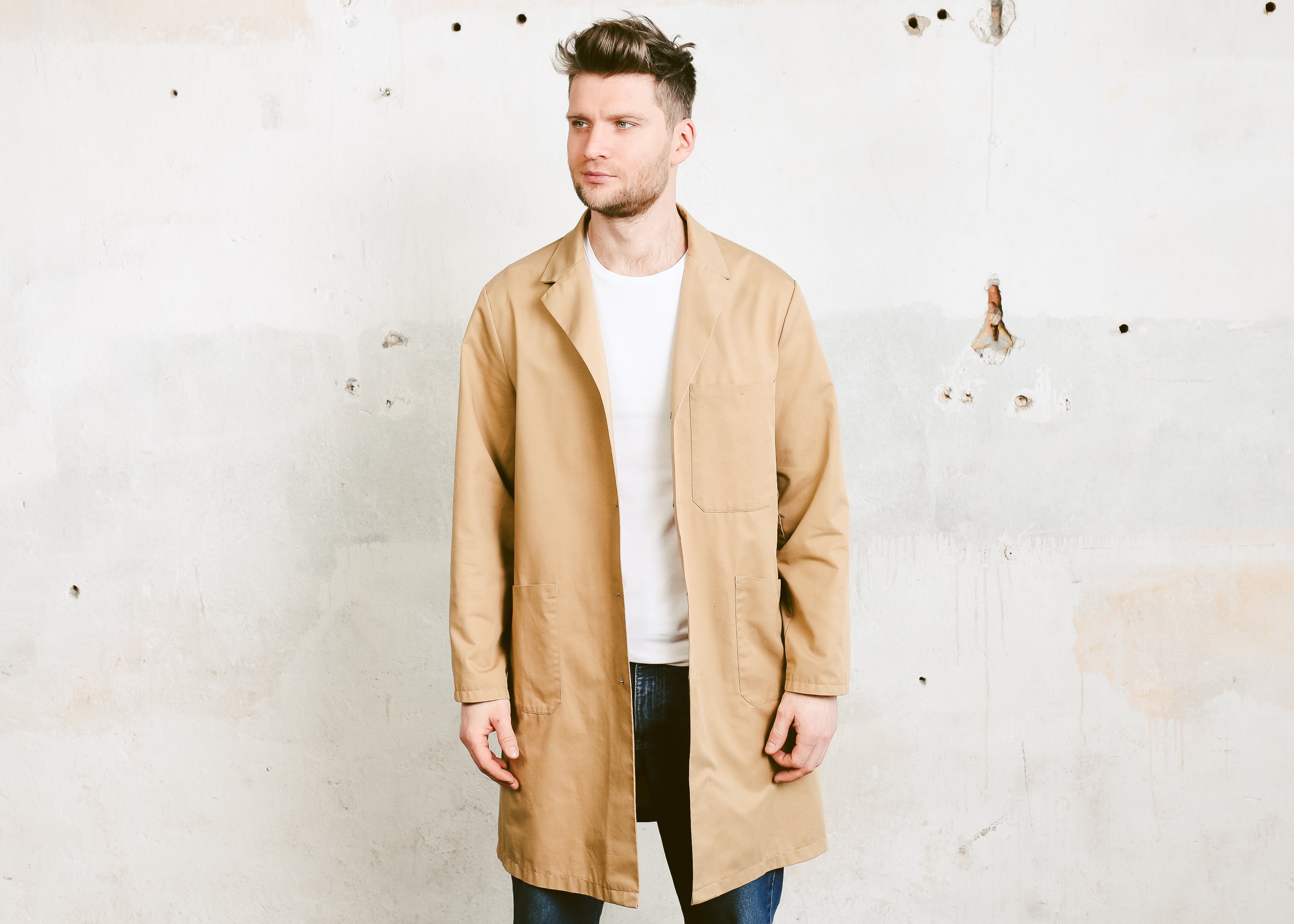 Beige Men Work Coat . Vintage Work Clothes Chore Coat Men Workwear