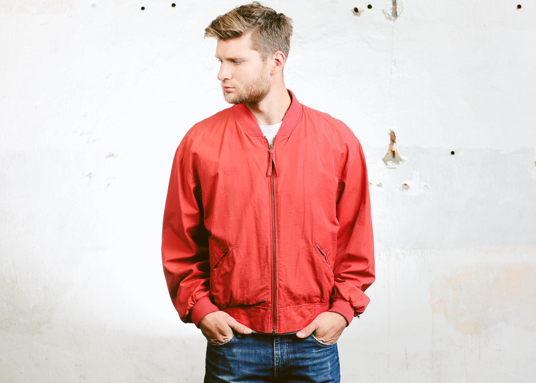 Men's BOMBER Jacket . Vintage 90s Red Aviator Flight Jacket Lightweight