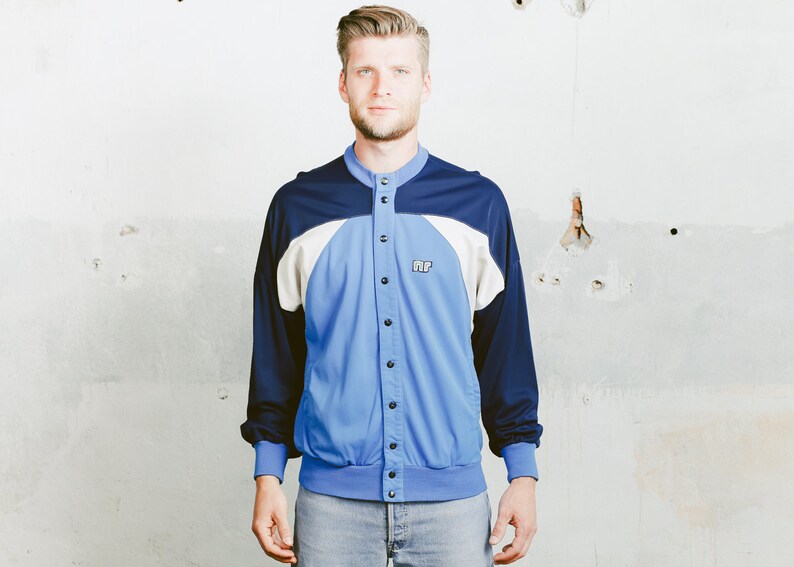 Medium Large Vintage TRACK Jacket 90s Men/'s Retro Sportswear Activewear Colourblock Rave Jacket Blue Snap Button Athleisure Bomber