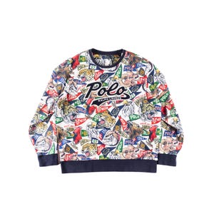 Sudadera vintage Ralph Lauren Polo Spellout XL con estampado gráfico multicolor estilo Y2K, cuello redondo, estilo streetwear RL con estampado animal de los años 2000.