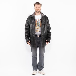 1990s Black Leather Sherpa Coat, Size XL Black Leather Coat, Old Fashioned Coat, Retro Leather Coat, 90s Men Outerwear, Retro Leather Coat