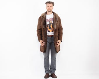 70er Vintage Schaffell Shearling Mantel, Western Ranch Wear, Herrengröße L