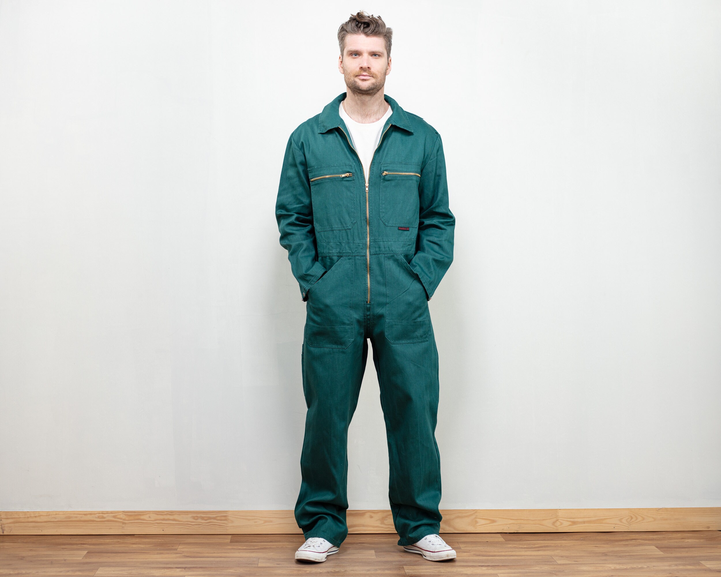 Vintage Green Overalls 90s work jumpsuit garage car mechanic full cover