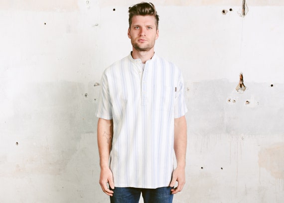 Striped 80s Collarless Shirt . Vintage 