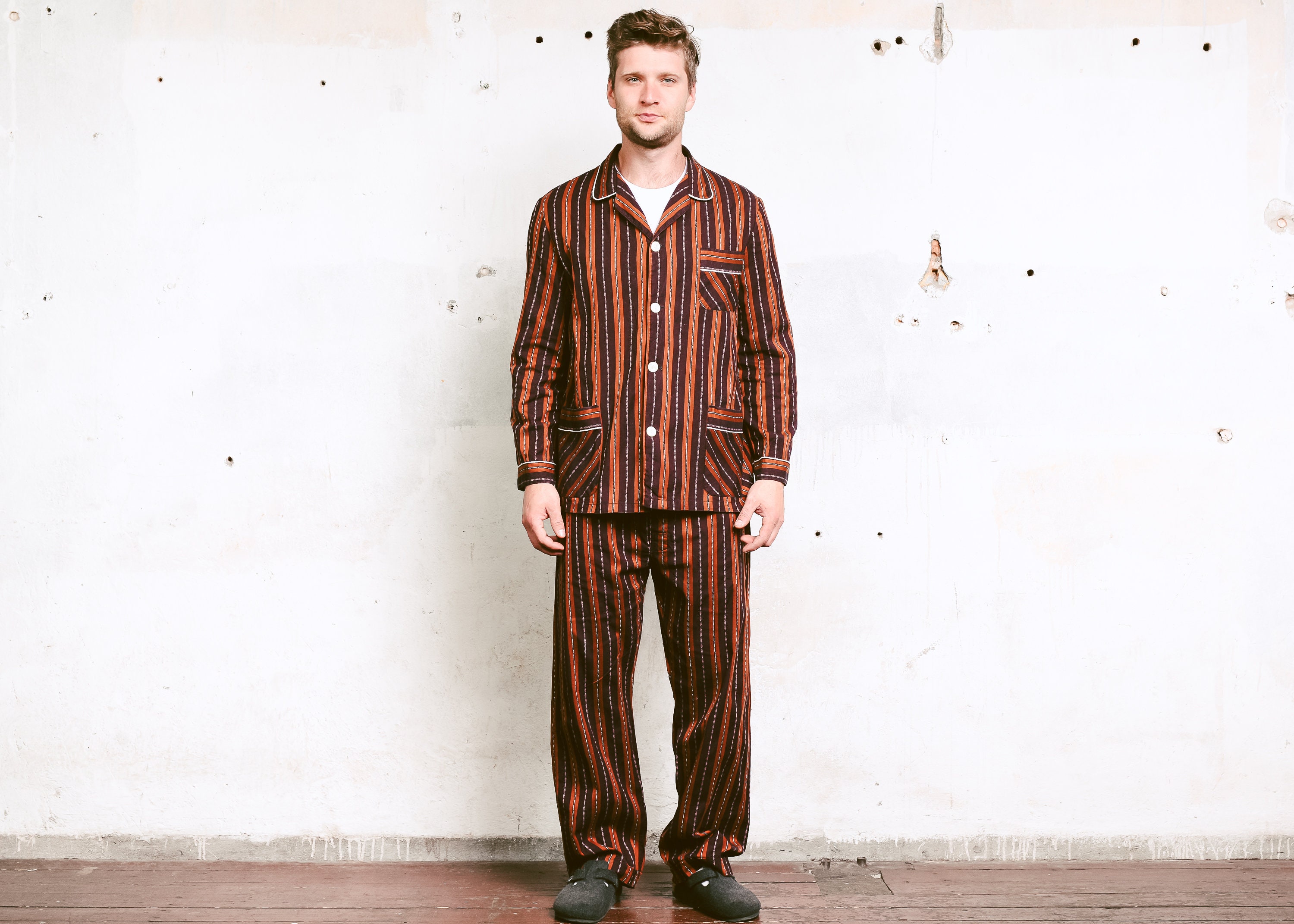 Vintage 70s Mens Striped Pajamas . Pjs Printed Cotton Shirt Pants Retro ...