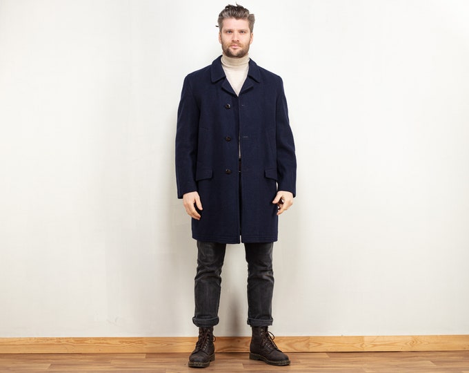 Men Wool Coat 90s navy wool blend midi long coat minimalist style preppy coat sleek mens sustainable vintage clothing size medium M