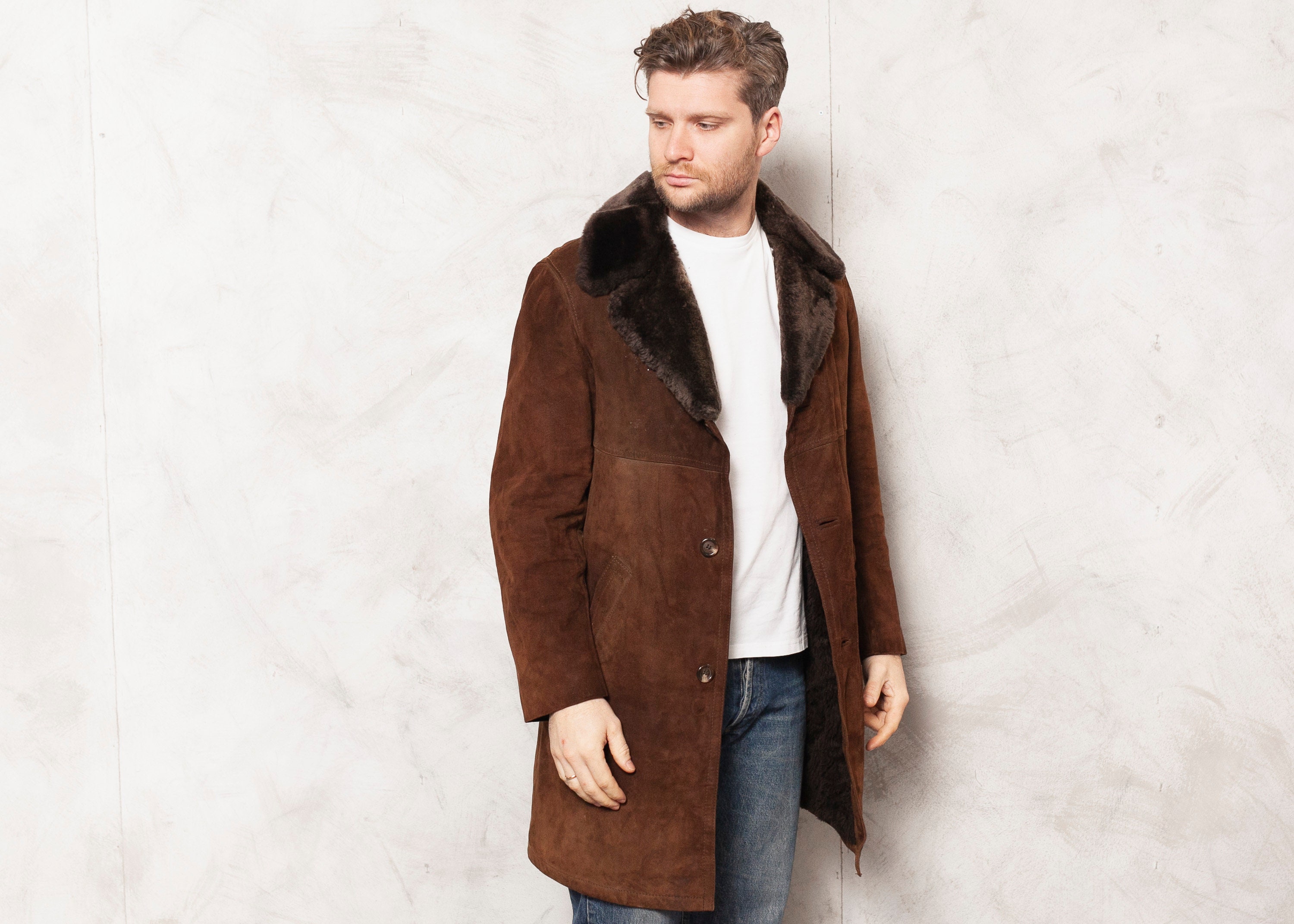 Leather Suede Coat Vintage 70s Brown Sherpa Coat Mens Winter Coat Original Suede Winter Clothing