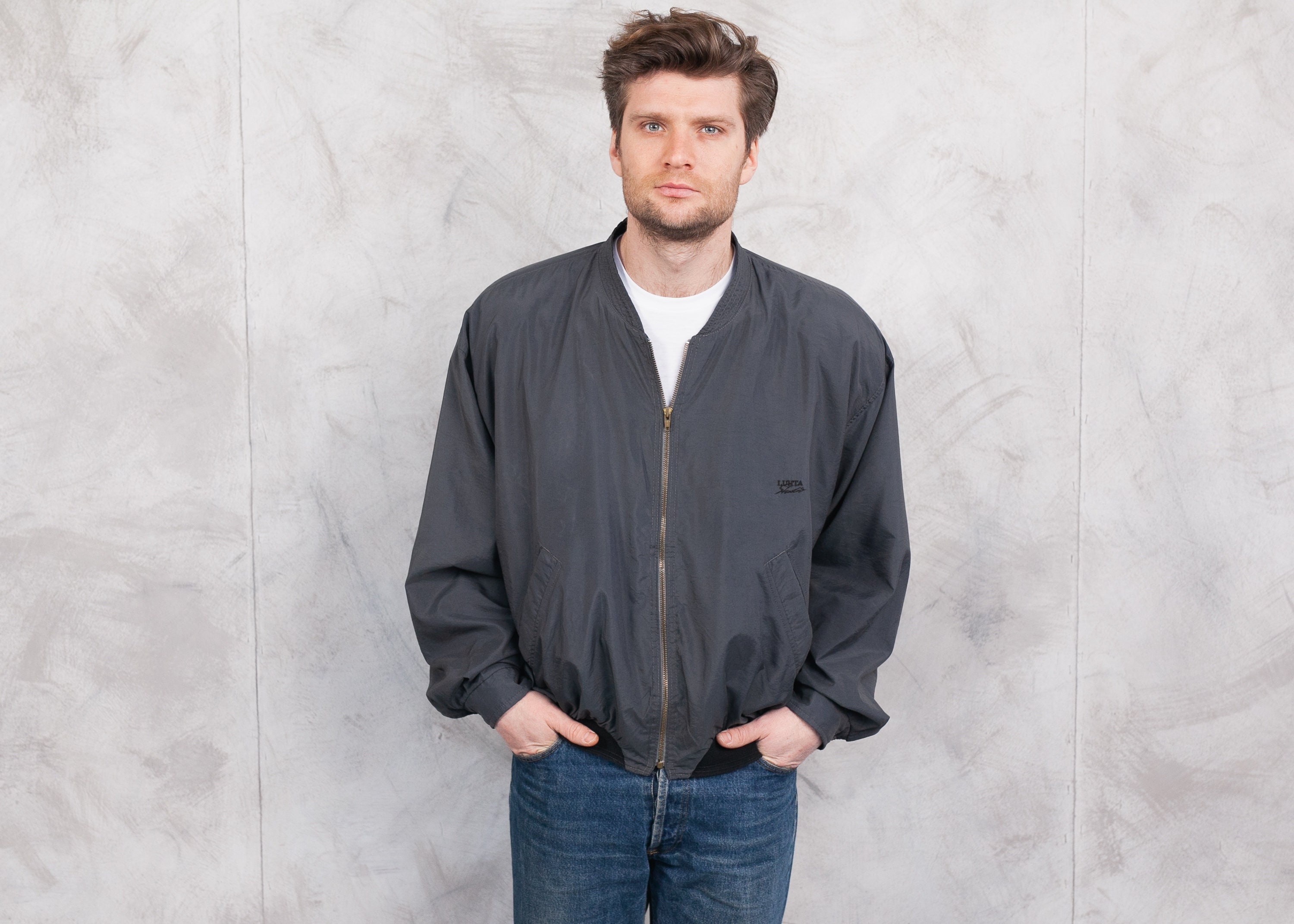 Men 90s Gray Bomber Jacket Vintage Bomber Windbreaker Jacket Zip Up Spring Jacket Lightweight