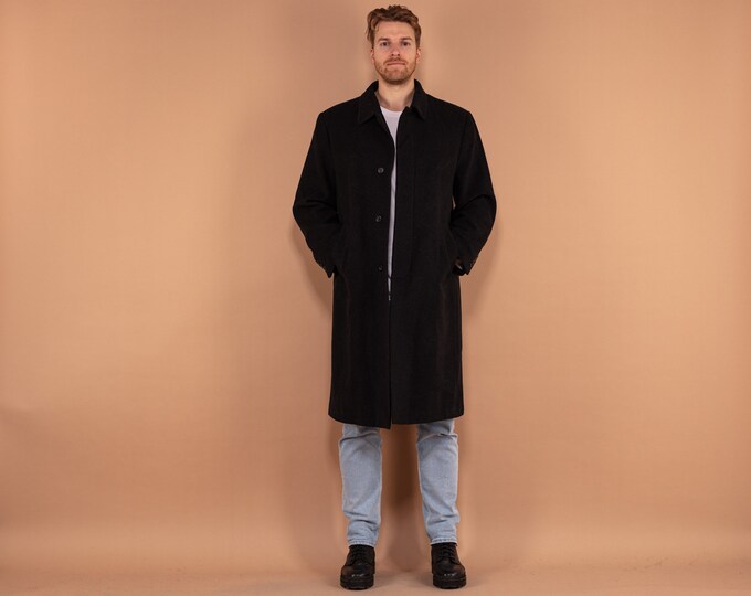 Wool Overcoat Men 90s, Wool Coat In Black Size L, Vintage Wool Coat, Autumn Wool Coat, 90s Coat, Minimalist Coat, Men Vintage Outerwear