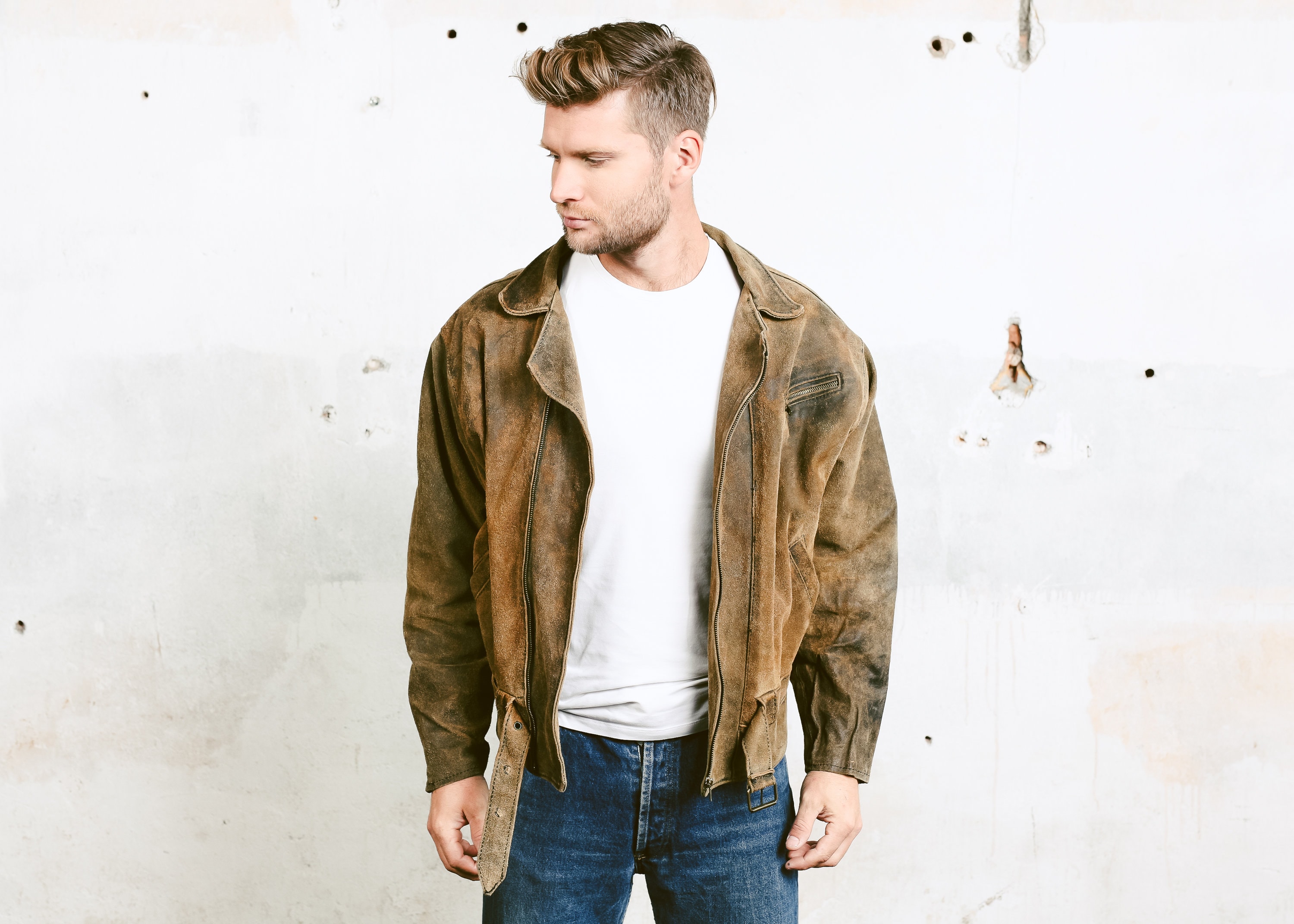 Vintage Side Zip Leather Jacket . 80s Men's Brown Pilot Jacket Coat